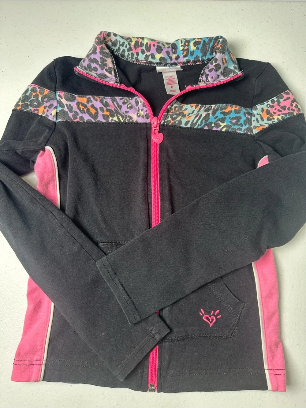 Justice Black & Hot Pink Zip Hoodie with Rainbow Leopard Trim